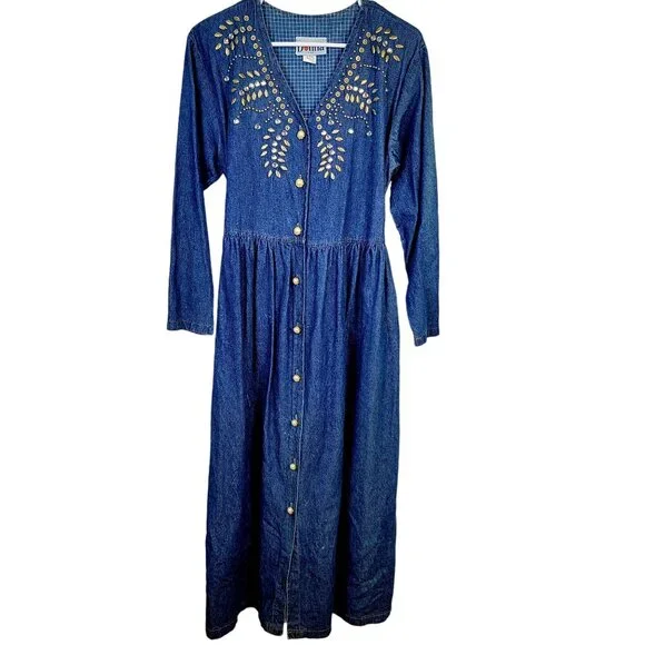 Vintage 90s Denim Midi Dress Women Medium Teacher Embellished Rhinestone 8 10 M - Picture 8 of 16